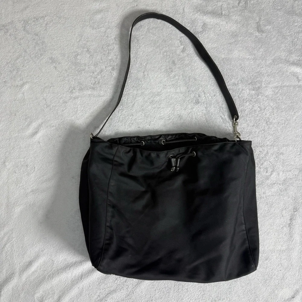 Vintage Kate Spade Black Nylon Drawstring Hobo Shoulder Bag Leather Strap